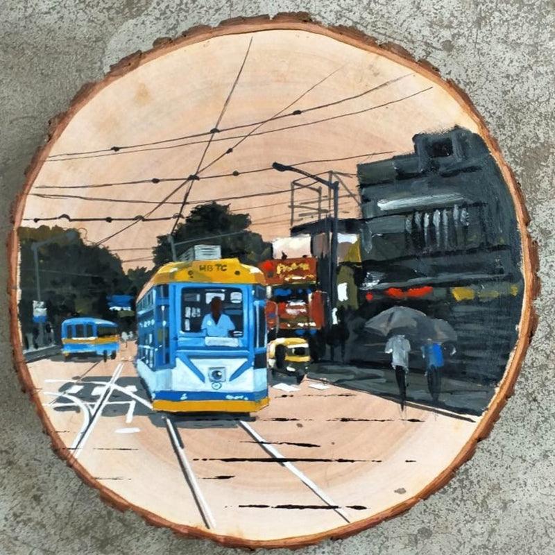 Transportation acrylic painting titled 'Trams In Kolkata', 10x10 inches, by artist Raju Sarkar on Wood