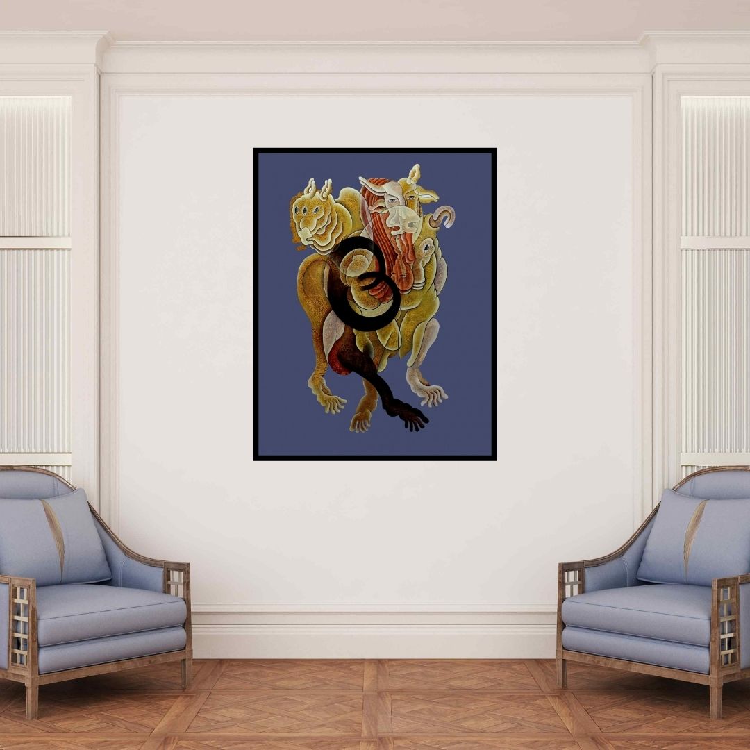 In-situ view of Dharmendra Kumar's 'Tranparency In Friendship 2 (The Chimera's Awakening)' painting in a room