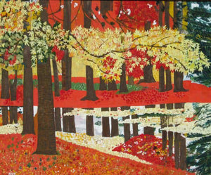 Tranquility (Autumn Forest) by Madhu Jain, Original Tempera Landscape Painting on Handmade Paper, Small Horizontal Wall Art