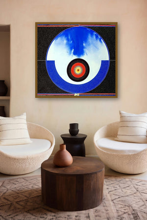 Transcendental Perceptions 1 (Blue Orb in Geometric Frame) by artist Bhiva Punekar displayed in a Contemporary Exhibition gallery
