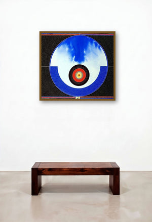 Transcendental Perceptions 1 (Blue Orb in Geometric Frame) by artist Bhiva Punekar displayed in a Rustic Bedroom