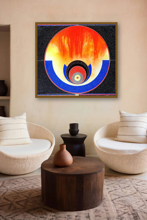 Transcendental Perceptions 2 (Fiery Orb in Geometric Frame) by artist Bhiva Punekar displayed in a Luxury gallery