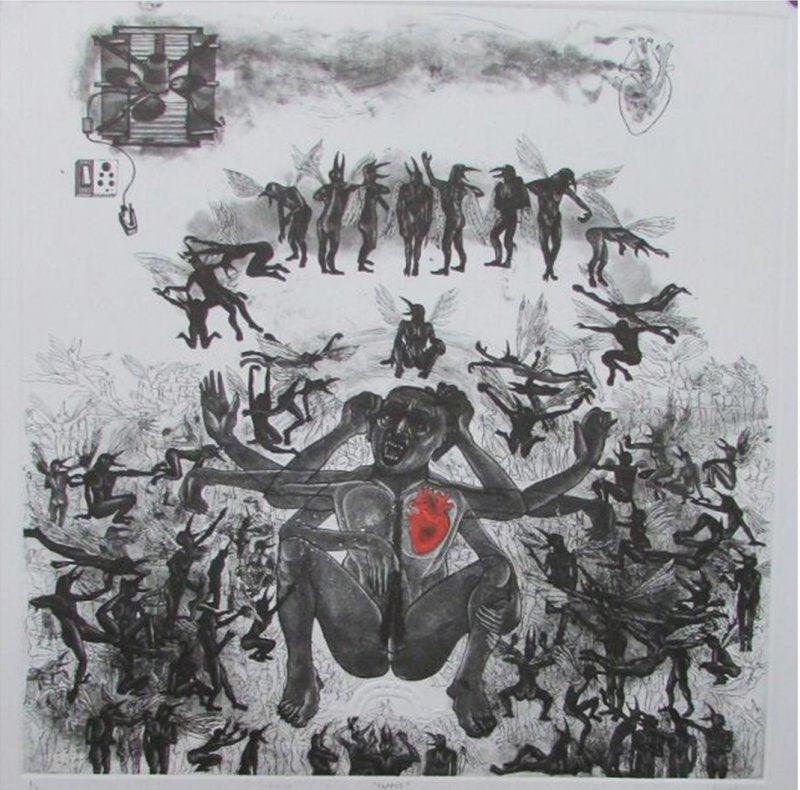 Cityscape etching drawing titled 'Traped', 30x30 inches, by artist Mangesh Kapse on Paper