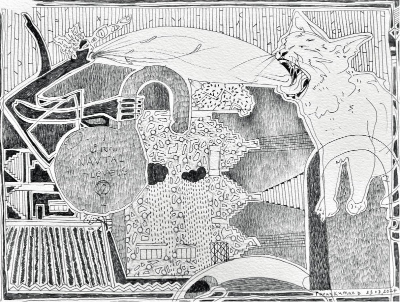 Traumazied Cat' contemporary pen-ink drawing by artist Pavan Kumar D, 9x13 inch, on paper