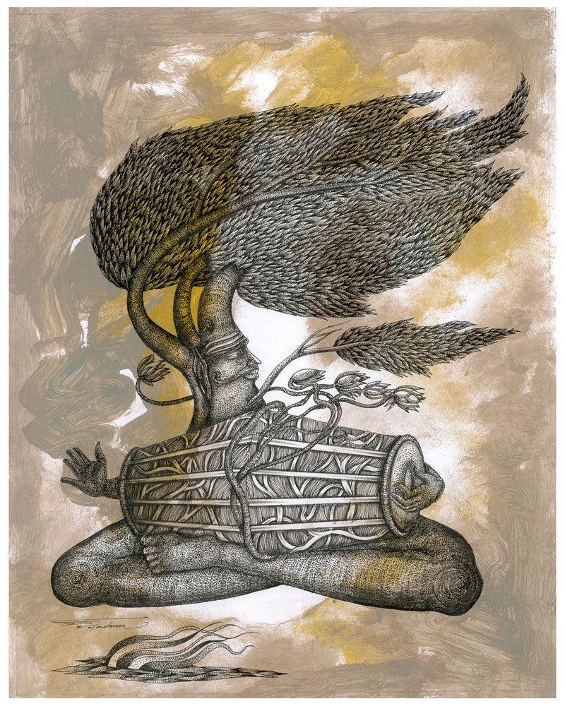 contemporary pen ink drawing titled 'Travel To Music Size', 15x12 inches, by artist V Vasandan on Paper