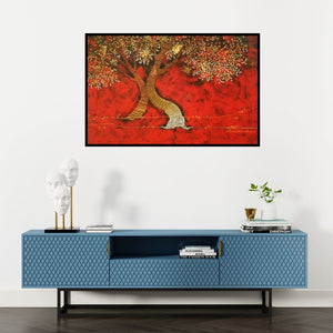 Preview of 'Tree 3 (Untitled)' Painting by Rahul Dangat shown on a wall in a furnished room.