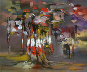 Tree (Urban Roots) by Sunil Bambal, Original Acrylic Abstract Painting on Canvas, Medium Horizontal Wall Art