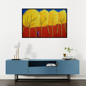 Preview of 'Tree Of Life 2 (Golden Embrace)' Painting by Deepali S shown on a wall in a furnished room.
