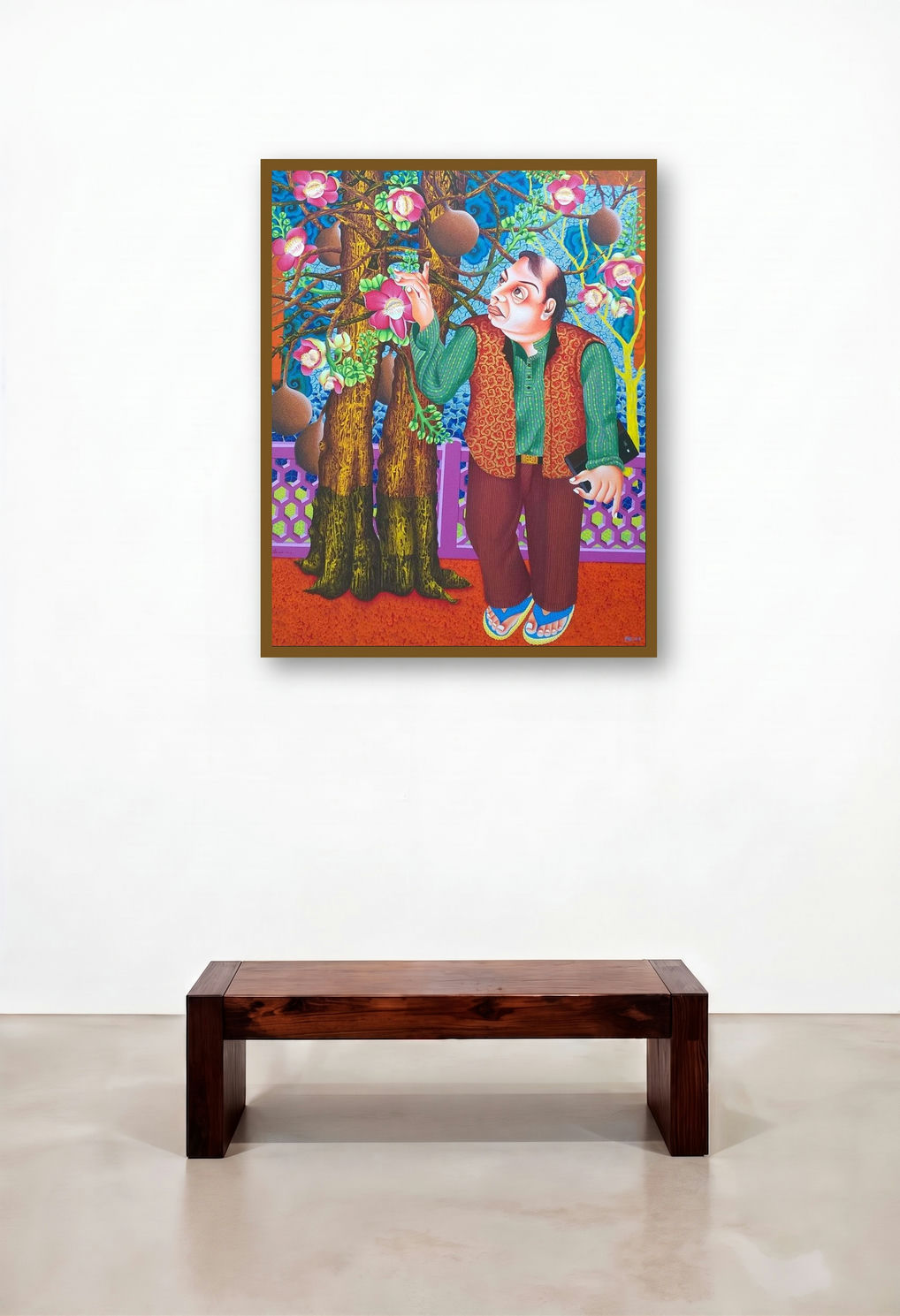 Tree Lover 3 (Man and Cannonball Tree) by artist Ramu Das displayed in a Art Deco Reception Area