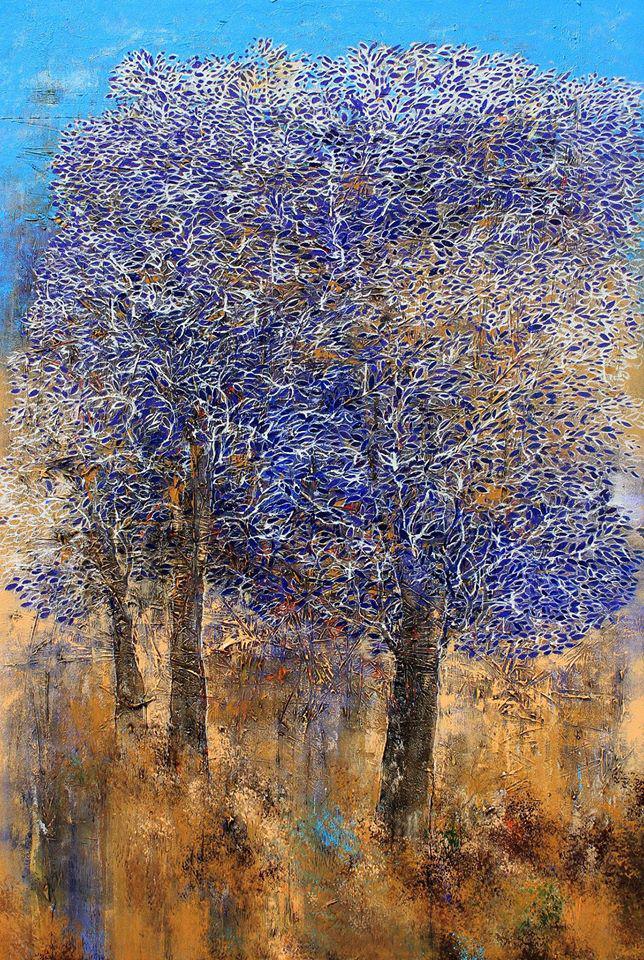 Nature acrylic painting titled 'Tree Of Life Purple', 59x40 inches, by artist Bhaskar Rao on Canvas