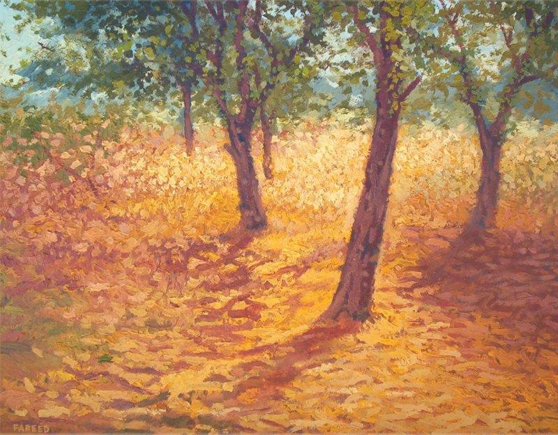 Landscape oil painting titled 'Tree trunks', 18x14 inches, by artist Fareed Ahmed on Canvas Board