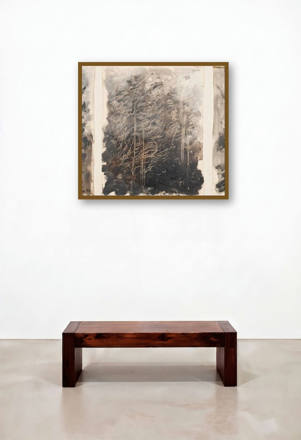 Trees (Triptych) by artist Veena Advani displayed in a Mid-Century Modern Hotel Suite