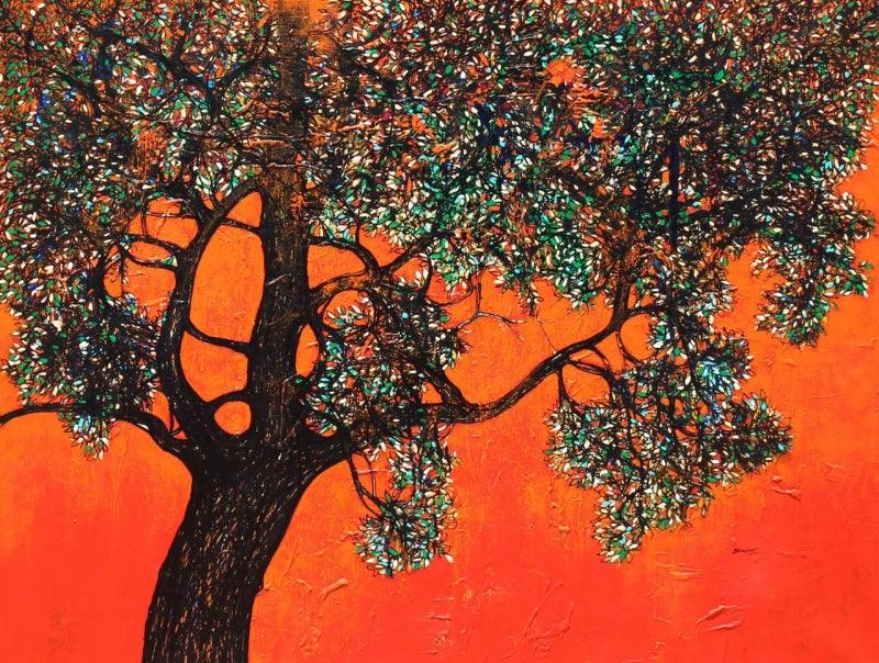Nature acrylic painting titled 'Treescape 104', 36x48 inches, by artist Bhaskar Rao on Canvas