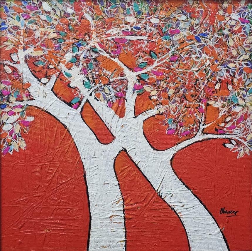 Nature acrylic painting titled 'Treescape 214', 12x12 inches, by artist Bhaskar Rao on Canvas