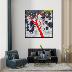 Preview of 'Treescape 22' Painting by Bhaskar Rao shown on a wall in a furnished room.