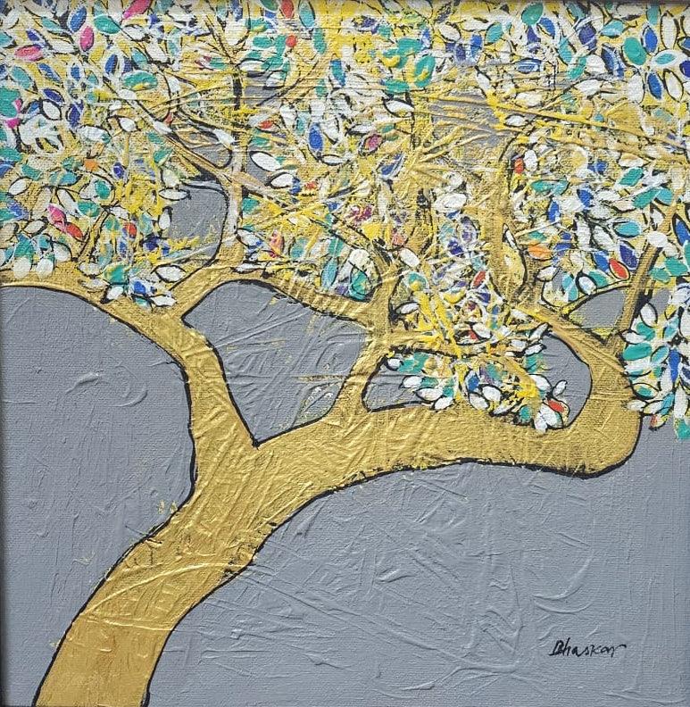 Nature acrylic painting titled 'Treescape 221', 12x12 inches, by artist Bhaskar Rao on Canvas