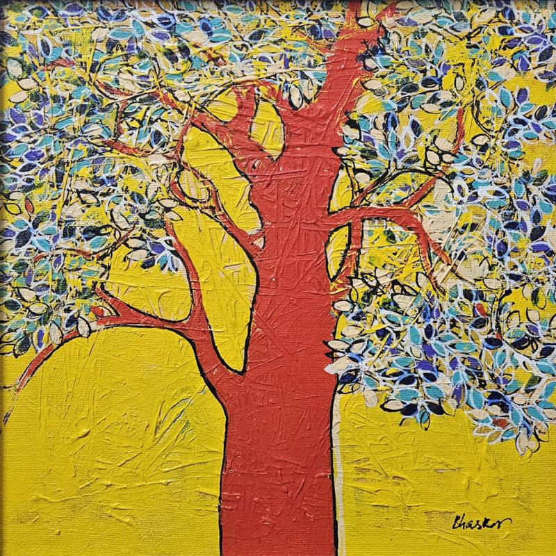Nature acrylic painting titled 'Treescape 225', 12x12 inches, by artist Bhaskar Rao on Canvas