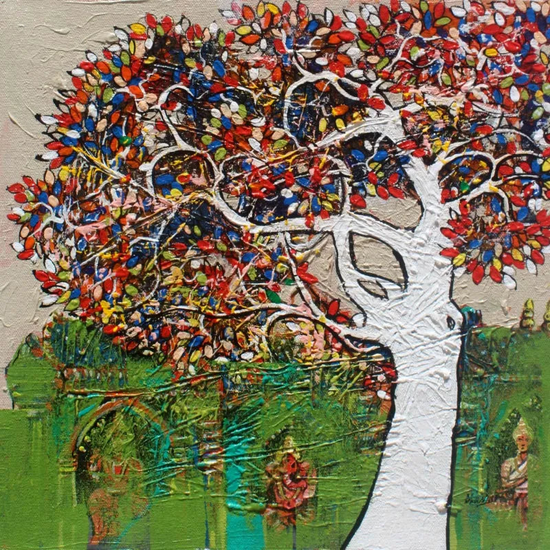 Nature acrylic painting titled 'Treescape 351', 12x12 inch, by artist Bhaskar Rao on Canvas