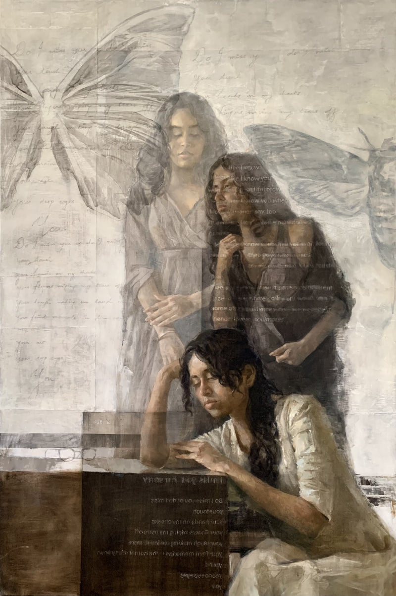 Triad' figurative oil painting by artist Nilisha Phad, 60x40 inch, on canvas