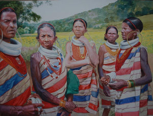 Tribal by Raghunath Sahoo, Original Watercolor Figurative Painting on Paper, Large Horizontal Wall Art