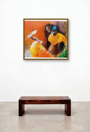 Tribal Beauty (Woman with Bird) by artist Rajaram S displayed in a Mid-Century Modern Study