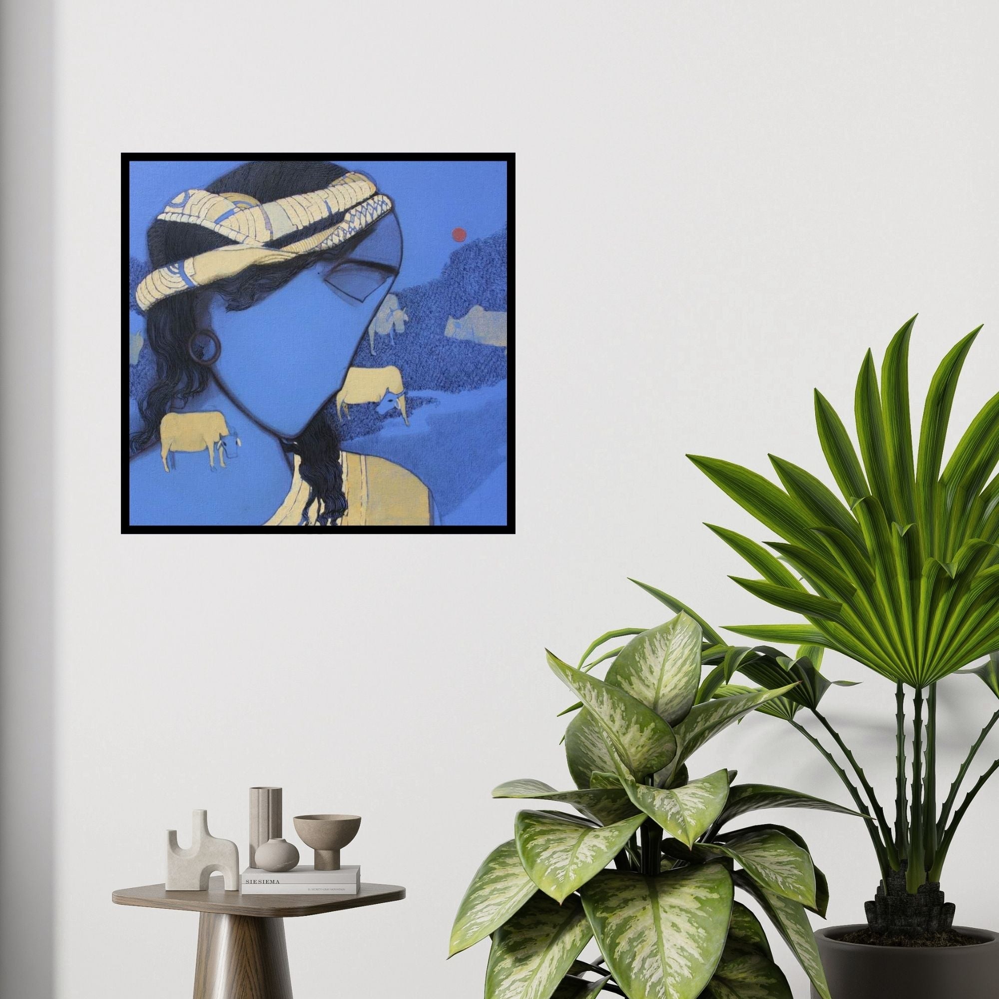 In-situ view of Siddharth Shingade's 'Tribal Boy Blue' painting in a room