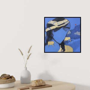 Preview of 'Tribal Boy Blue' Painting by Siddharth Shingade shown on a wall in a furnished room.