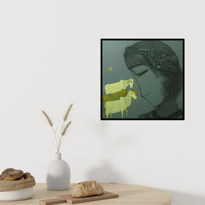 Preview of 'Tribal Boy Grey' Painting by Siddharth Shingade shown on a wall in a furnished room.