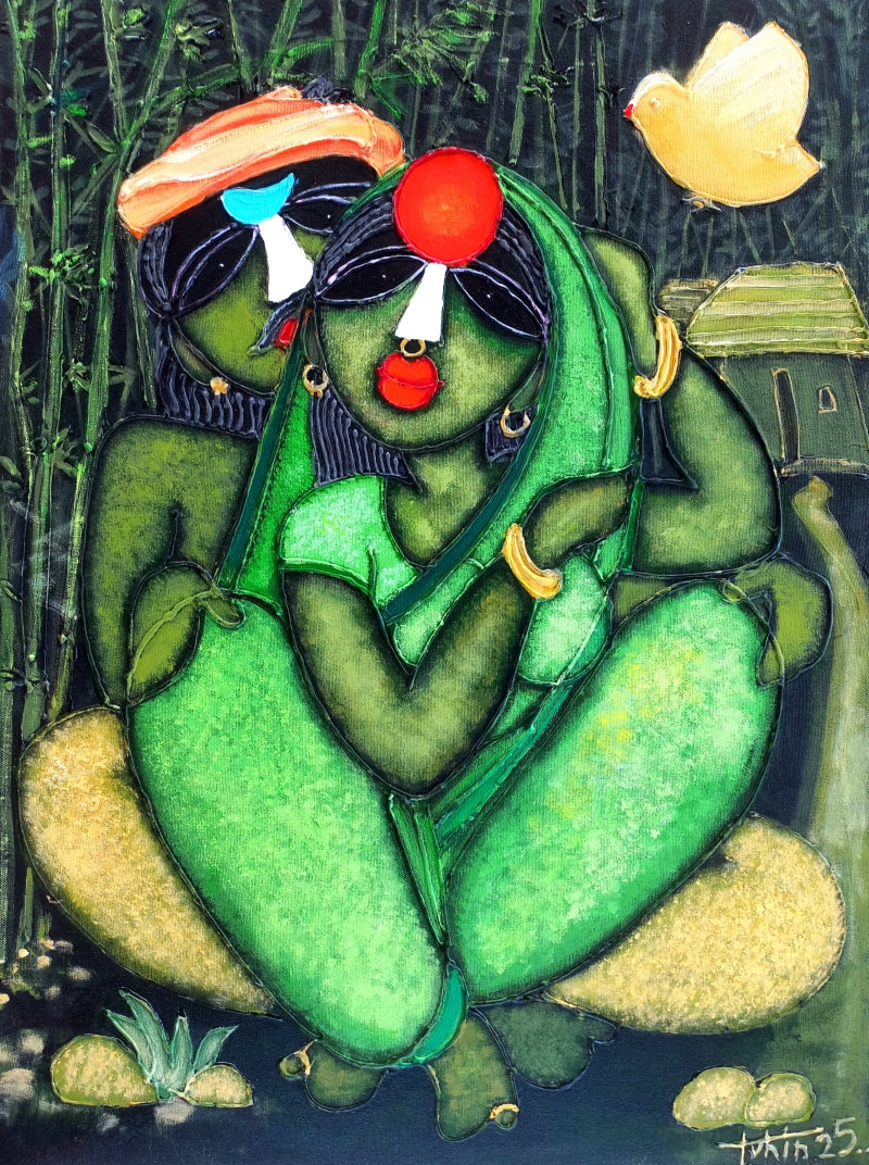 'Tribal Couple' figurative acrylic painting by artist Tuhin Rakshit, 24x18 inch, on canvas