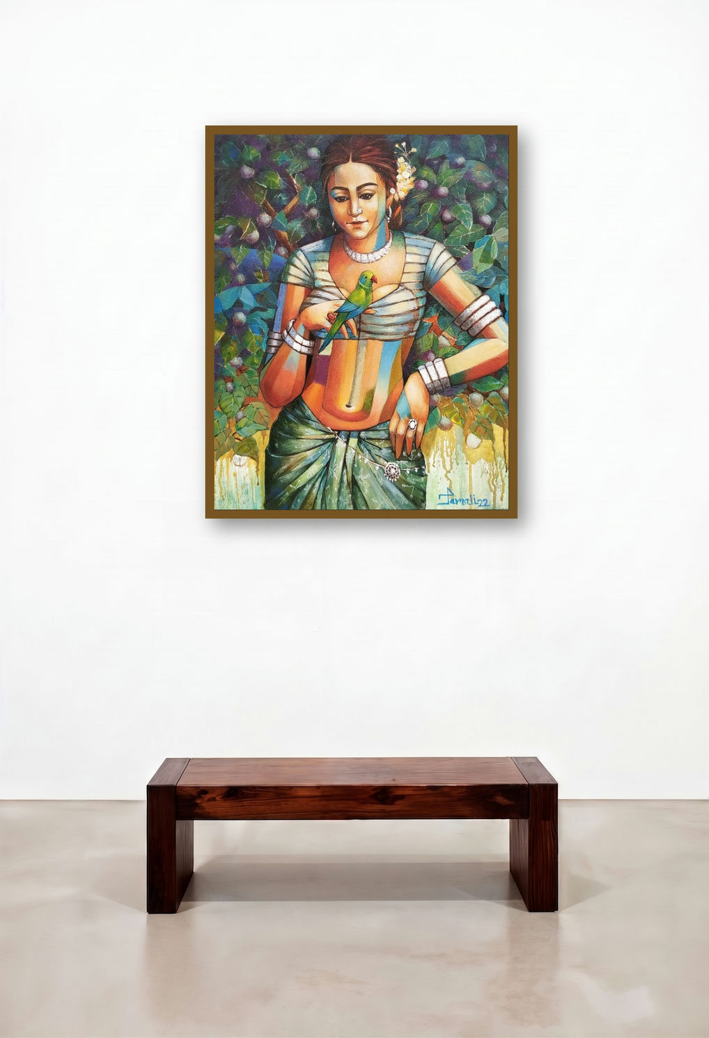 Tribal Girl With Bird (Serene Beauty) by artist Tamali Das displayed in a Contemporary Foyer
