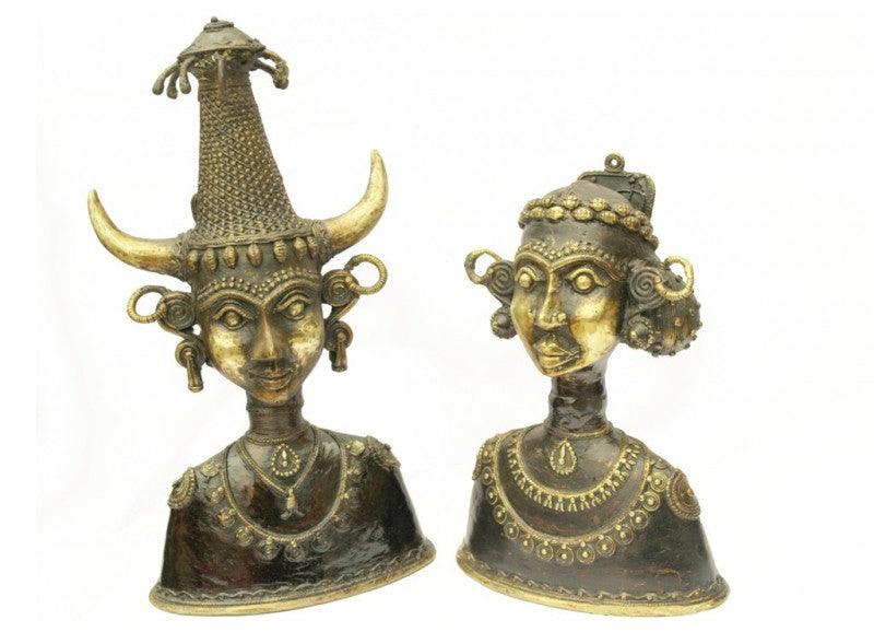 Lifestyle craft titled 'Tribal Head Pair', 3x6x10 inches, by artist Kushal Bhansali on Brass