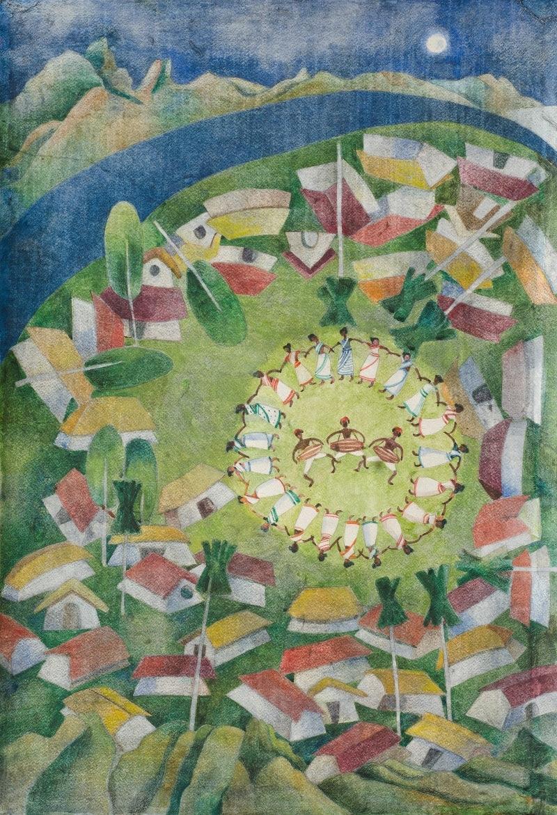 Landscape watercolor painting titled 'Tribal Life', 30x20 inches, by artist Arpita Basu on Paper