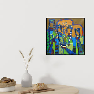 Preview of 'Tribal Women 4' Painting by Anup Shrivastav shown on a wall in a furnished room.