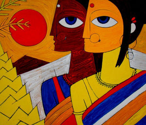 Tribal Women by Jiaur Rahman, Original Acrylic Figurative Painting on Canvas, Large Horizontal Wall Art