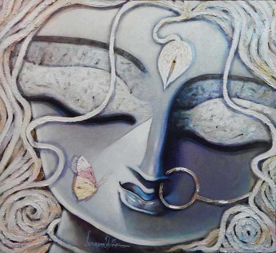 Figurative acrylic painting titled 'Trinayani', 18x20 inches, by artist Subrata Ghosh on Canvas