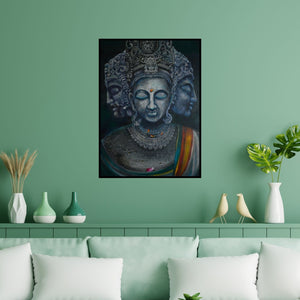 Preview of 'Trinity (The Fourfold Vision)' Painting by Sumon Naskar shown on a wall in a furnished room.