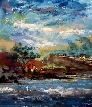 Trip (Riverside Gathering) by Dnyaneshwar Dhavale, Original Watercolor Landscape Painting on Paper, X-Small Vertical Wall Art