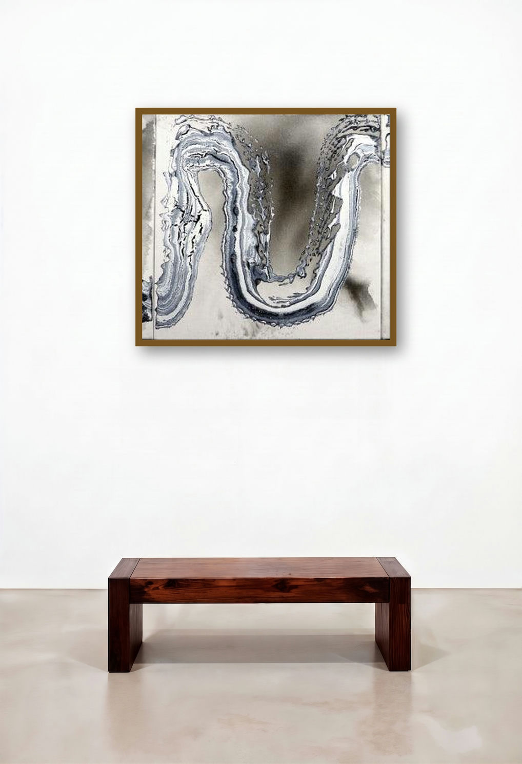 Triptych Composition 322 (Fluid Forms) by artist Sumit Mehndiratta displayed in a Japandi Study