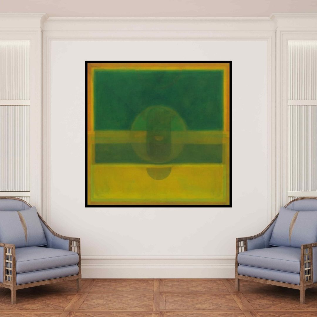 In-situ view of Khushal Khairnar's 'Triratha (Intersecting Planes)' painting in a room