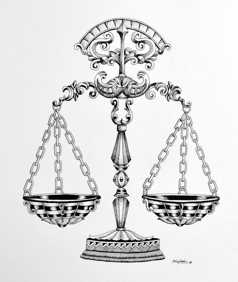 Still-life pen drawing titled 'Tula', 15x11 inches, by artist Kushal Kumar on Paper