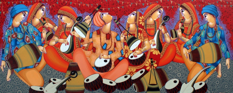 'Tune Of Bengal 2' figurative acrylic painting by artist Sekhar Roy, 48x120 inch, on canvas