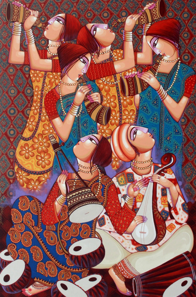 'Tune Of Joy' figurative acrylic painting by artist Sekhar Roy, 72x48 inch, on canvas