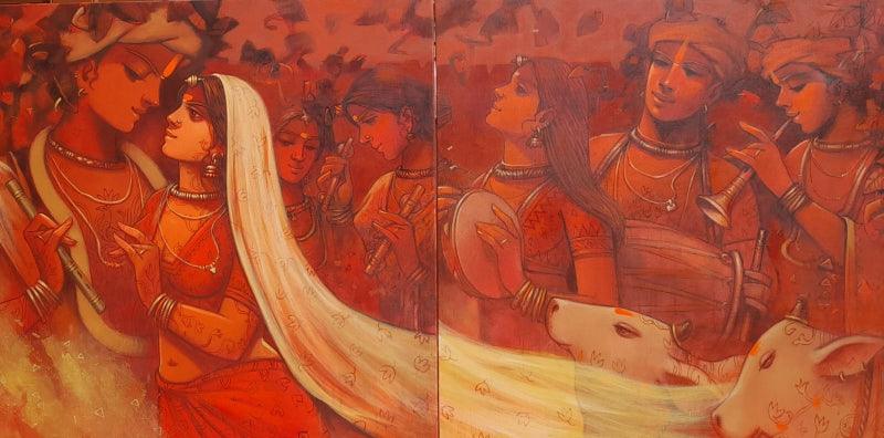 Religious acrylic painting titled 'Tune Of Life', 36x72 inches, by artist Subrata Das on Canvas
