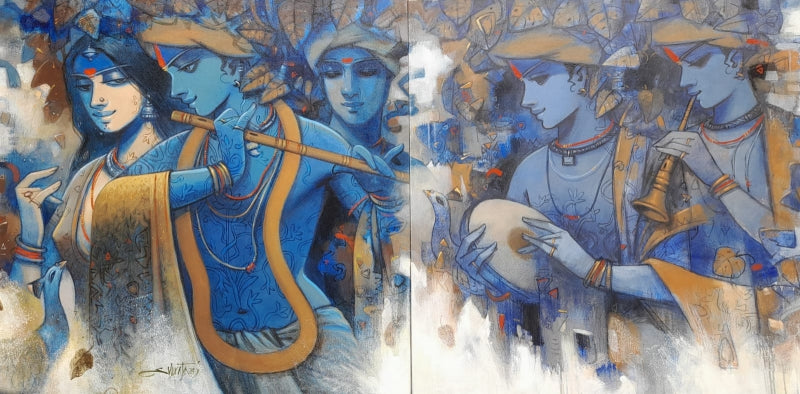Tune Of Life 1 (Diptych)' figurative acrylic painting by artist Subrata Das, 36x72 inch, on canvas