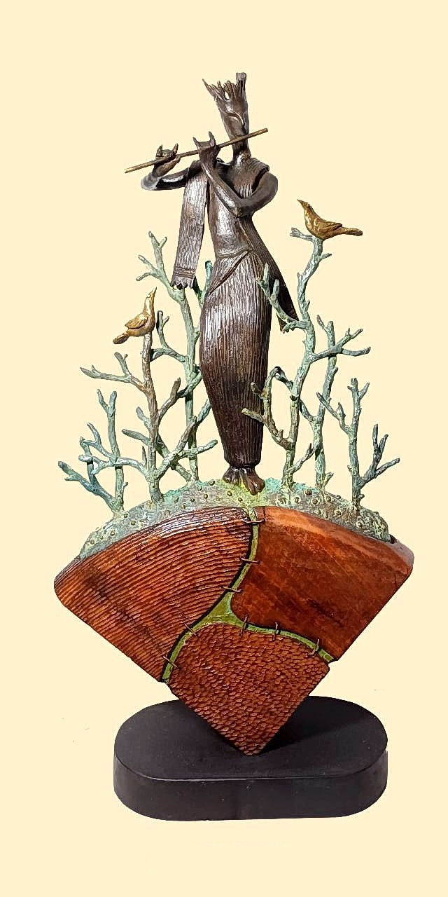 'Tune Of Love' figurative Bronze, Wood sculpture by artist Subrata Paul, 31x17 inch, on bronze, wood