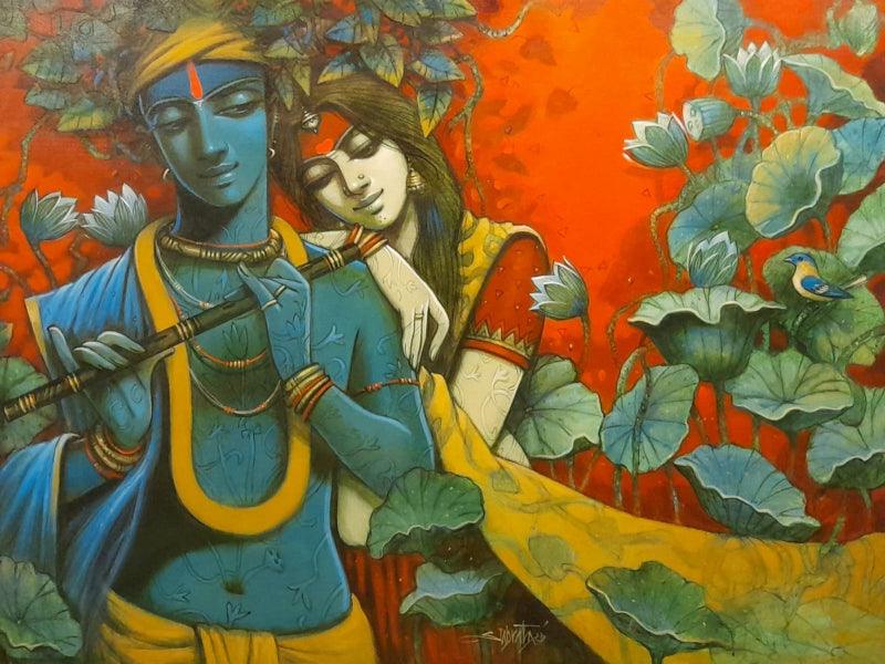 Religious acrylic painting titled 'Tune Of Love', 36x48 inches, by artist Subrata Das on Canvas