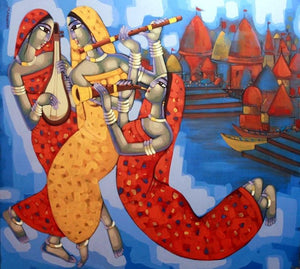 Tune Of Banaras (Tune of Varanasi) by Sekhar Roy, Original Acrylic Figurative Painting on Canvas, X-Large Horizontal Wall Art