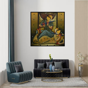 Preview of 'Tunes Of Flutes (The Melody of Love)' Painting by Anupam Pal shown on a wall in a furnished room.