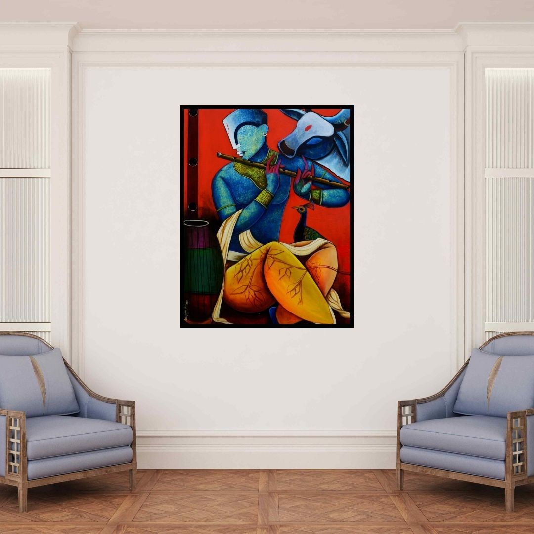 In-situ view of Anupam Pal's 'Tunes Of Nature (The Divine Flutist: Krishna and His Companions)' painting in a room