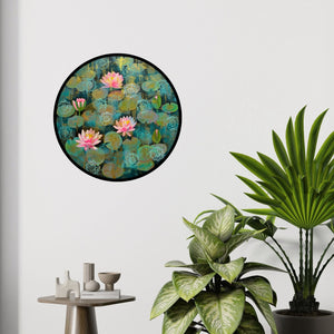 In-situ view of Amita Dand's 'Turquoise Water Lilies Dhoop Chaanv (Tranquil Waters)' painting in a room